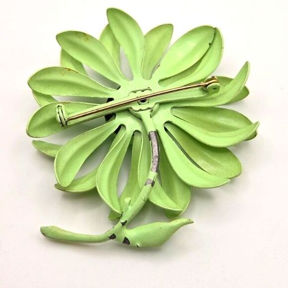 Vintage 1960s‎ Green Enamel Flower Power Brooch Mod Retro Pin 2.5" Metal - Picture 4 of 5